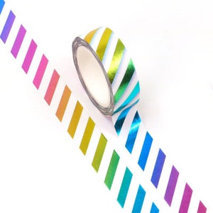 Rainbow and Silver Slanted Stripes, Foil Pattern, Washi Tape Roll