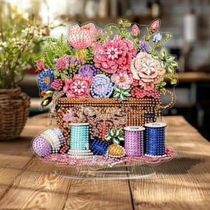 Adorno floral para mesa con caja de costura: kit de pintura de diamantes DIY de una sola cara con herramientas