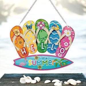 Capteur de soleil tongs Hello Summer – Kit de peinture diamant DIY, décoration à suspendre simple face avec strass et outils