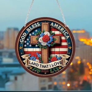 God Bless America Cross Diamond Painting Kit – DIY Wooden Wall Hanging Decor with Rhinestones & Tools – Single Sided Design
