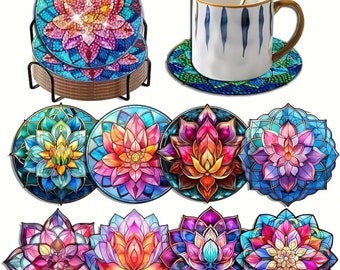 DIY 8 Lotus Flower Coasters With Stained Glass Appearance, 5D Diamond Painting Kit, Tools and Rhinestones Included