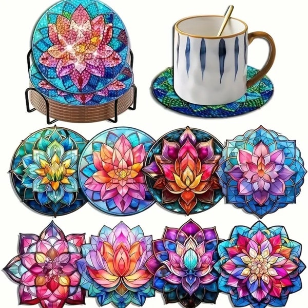 New: DIY 8 Lotus Flower Coasters With Stained Glass Appearance, 5D Diamond Painting Kit, Tools and Rhinestones Included