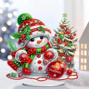 Kit de pintura de diamantes de muñeco de nieve con árbol de Navidad: adorno de mesa navideño de una sola cara con soporte