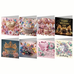 Superbes cartes de voeux d'anniversaire artisanales - Kit de peinture diamant bricolage avec outils et strass (Lot de 8)