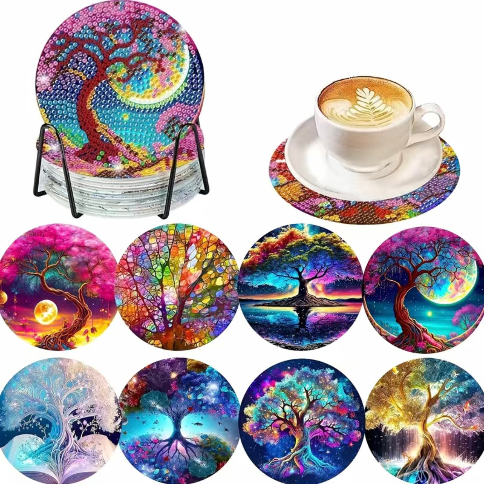 8pcs Artificial Diamond Painting Coasters Kit With Holder - Colorful Tree  Artificial Diamond Dot Art Coasters For Adults Beginners, DIY Art And Crafts