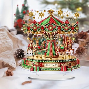 Pequeño carrusel navideño para decorar la mesa: kit de pintura de diamantes DIY con diamantes de imitación y herramientas. Exhibición de manualidades navideñas de una sola cara.