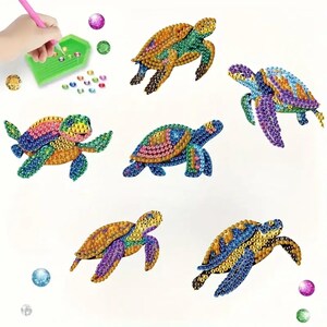 DIY Diamant Malerei Set mit Schildkröten Magnet Kit mit Werkzeugen & Strasssteinen für 6 bunte Kühlschrankmagneten