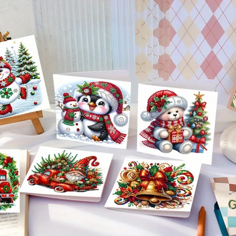 Christmas DIY Diamond Painting Kit Set of 6 Cards With Snowmen, Bell