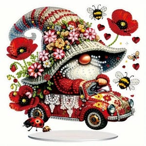 Frühlings-Wichtel in Rot Auto Tischdekoration - Blumenhut, Bienen & Marienkäfer - 2D-Zwerg-Dekor - Einseitig