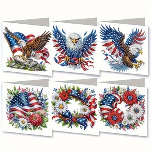 Kit de tarjetas para pintar con diamantes: águila y bandera patrióticas. Juego de 6 tarjetas de felicitación DIY con diamantes de imitación y herramientas incluidas.