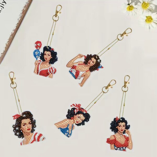 DIY 5 Patriotic Bombshell Ornaments/Keychains In Red, White And Blue, Double Sided Diamond Painting Kit, Includes Tools and Rhinestones