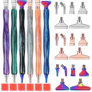 7 Piece Set Diamond Painting Pen, With 6 Drill Heads In Rainbow, Silver & Rose Gold, Plus Storage Box and Wax