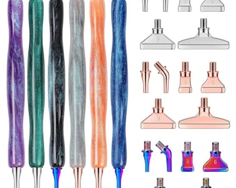 Diamond Painting Pen Set with 6 Interchangeable Drill Heads in Rainbow, Silver, and Rose Gold - Includes Storage Box and Wax
