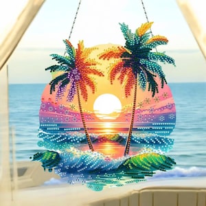 Capteur de soleil tropical Sunset Beach - Palmiers et vagues de l'océan - Décoration estivale recto-verso