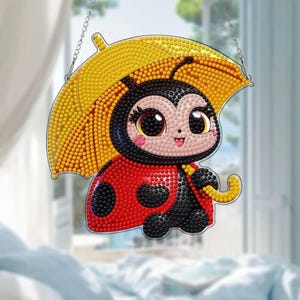Cute Little Ladybug with Umbrella Diamond Painting Kit – Single Sided DIY Sun Catcher for Kids and Spring Decor