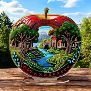 Apple Village Diamant Malerei Set - DIY Einseitige Tischdekoration mit Strasssteinen & Werkzeugen - Malerische Landschaft