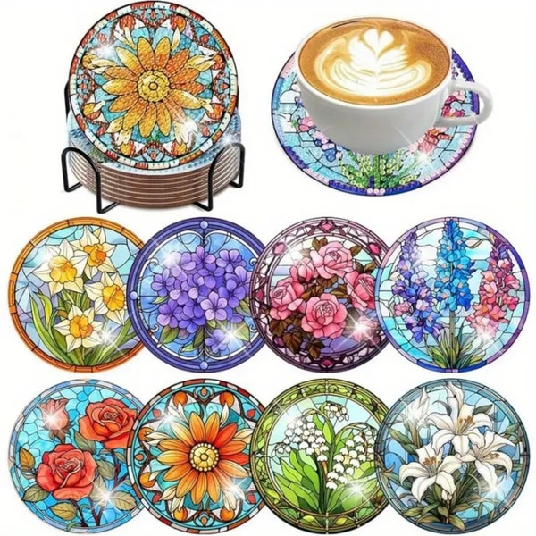 New Release: DIY 8 Floral Coasters With Lillies & Roses Set In Stained Glass, 5D Diamond Painting Kit with Tools, Rhinestones