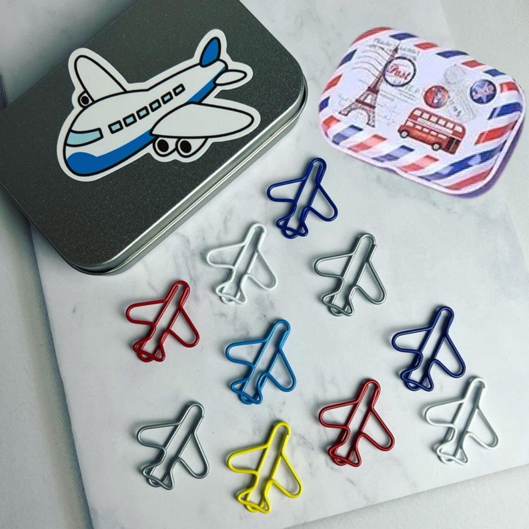 Set of Airplane Shaped Paper Clip Sets With Decorative Tin Box and