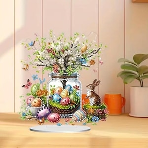 Ostern Einmachglas Diamant Malerei Kit - DIY 5D Tischdekoration mit Eiern, Hase und Blumen, Strasssteinen & Werkzeugen enthalten