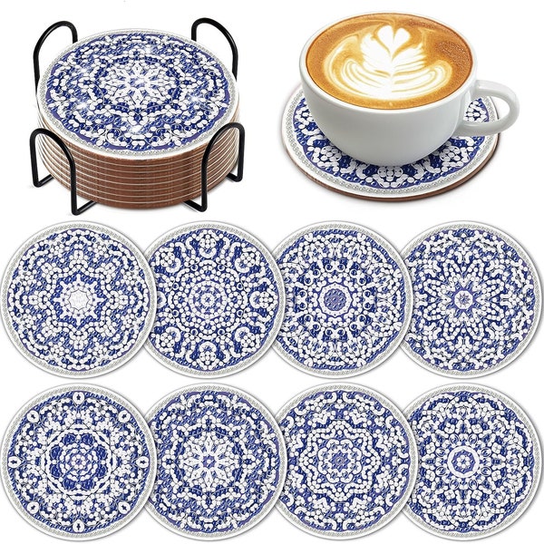 New: DIY 8 Beautiful Blue And White China Patterned Coasters, 5D Diamond Painting Kit, Tools and Rhinestones Included