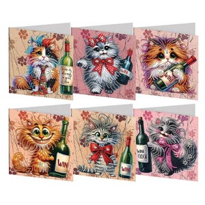 Weihnachtsgrüße Katzen Diamant Malerei Grußkarten - DIY 6er Pack Kit mit Strasssteinen & Umschlägen - Schlaue Wein liebende Kätzchen
