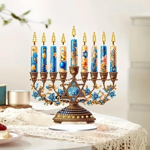 Hanukkah Menorah Table Ornament – Blue & Gold Flat Acrylic Design with Floral Candles – Single Sided Holiday Decoration
