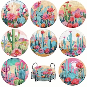 Kit de posavasos con pintura de diamantes DIY de Cactus Garden: juego de 8 con herramientas y diamantes de imitación, set de manualidades 5D con suculentas coloridas