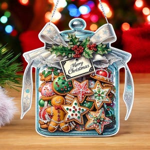 Kit de pintura de diamantes DIY con atrapasol en tarro de galletas navideño: decoración navideña de una sola cara con herramientas y diamantes de imitación