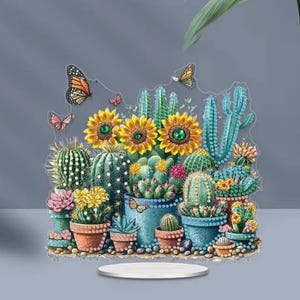 Kaktus und Sonnenblume DIY Diamant Malerei Set - farbenfrohe Tischdekoration mit Strasssteinen & Werkzeugen