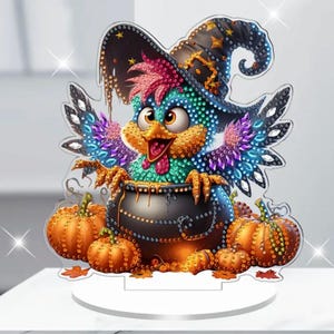 Pájaro colorido de Halloween en un caldero: kit de pintura de diamantes DIY con diamantes de imitación y herramientas: decoración de mesa de una sola cara