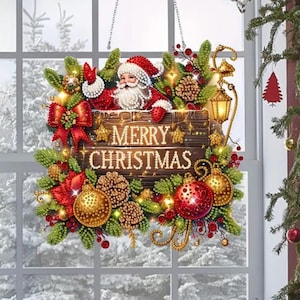Merry Christmas Sign Sun Catcher – DIY Diamond Painting Kit with Rhinestones & Tools – Single Sided Holiday Window Decor