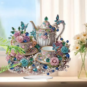 Florale Teetasse und Teekanne Tischverzierung - Elegantes 2D-Teeparty-Dekor - Einseitiges Ausstellungsstück
