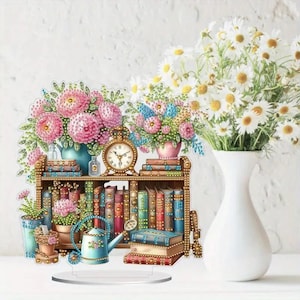 Vintage Bücherregal DIY Diamant Malerei Set - Doppelseitiger Tisch Dekor mit Blumen, Strasssteinen & komplettem Werkzeugset