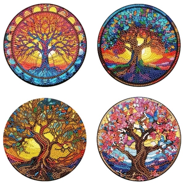 New: DIY 4 Tree Of Life Hot Pads Or Placemats With The Sunset, 5D Diamond Painting Kit, Tools and Rhinestones Included