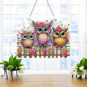 Attrape-sun famille hibou floral - Kit de peinture diamant double face à faire soi-même avec strass et outils - Artisanat de décoration de fenêtre suspendue