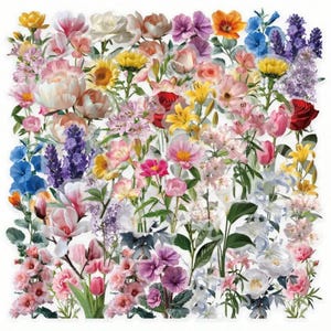 50 pegatinas florales realistas: calcomanías PET transparentes con rosas, tulipanes, peonías, lavanda y flores silvestres en colores suaves.