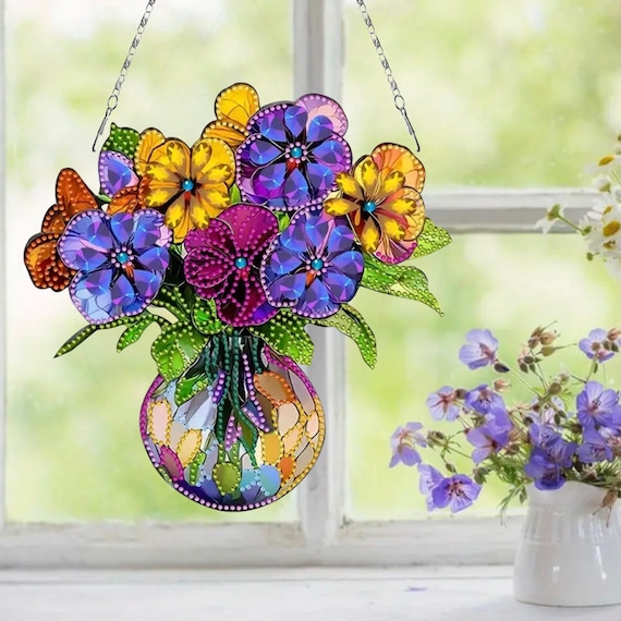 Colorful Floral Vase Sun Catcher DIY Diamond Painting Kit, Double