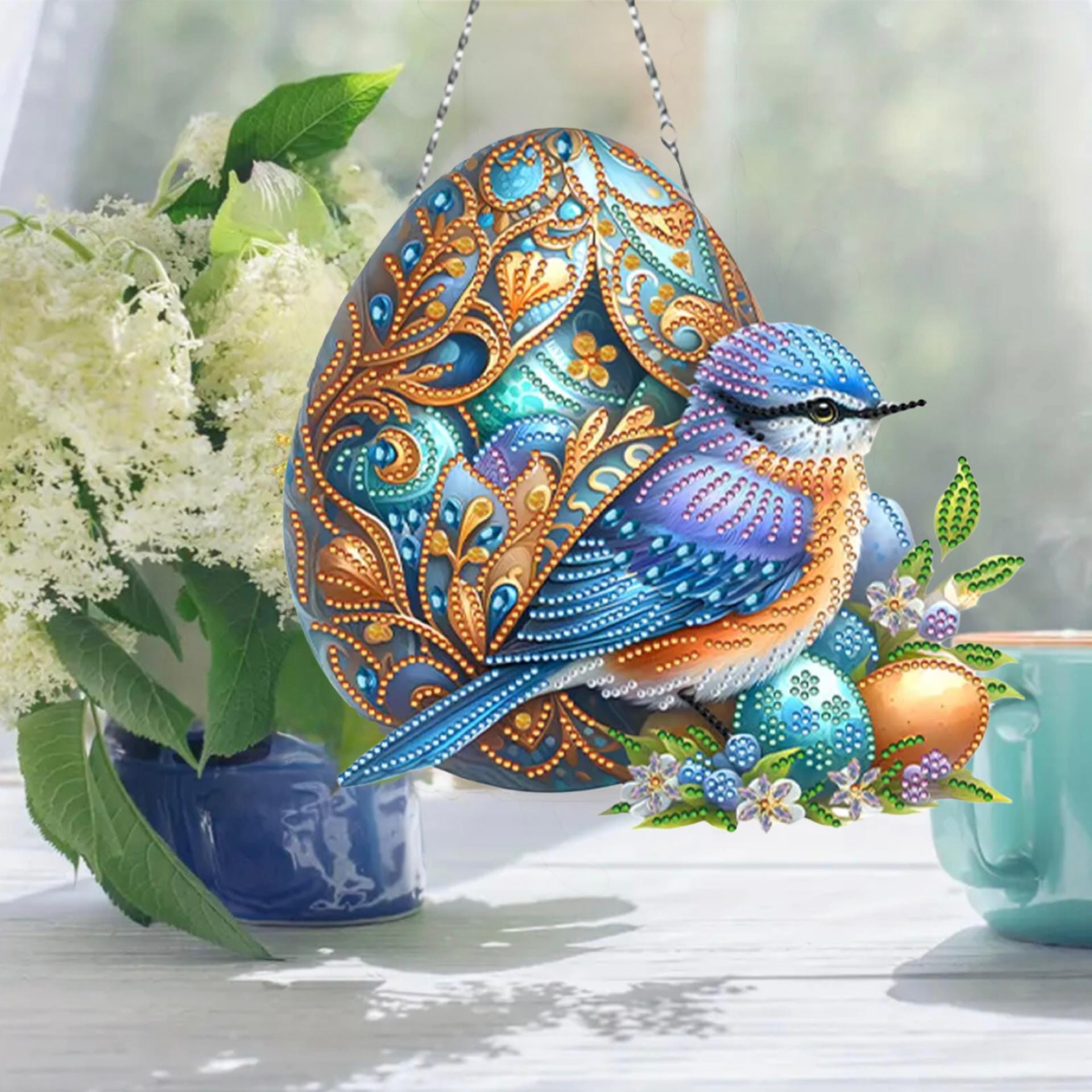 DIY 青い鳥と装飾卵のサンキャッチャー - 片面ダイヤモンドアート