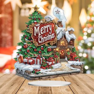 Kit de pintura de diamantes DIY "Árbol de Navidad y Cabaña": Decoración de mesa de una sola cara con diamantes de imitación, herramientas y un toque festivo