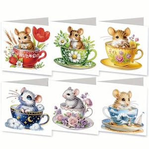 6 Sweet Mice in Cozy Teacups – DIY Diamond Painting Greeting Card Kit with Tools & Rhinestones