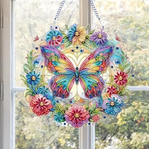 Schmetterling und Blumen Sonnenfänger - Doppelseitige DIY Diamant Malerei Ki