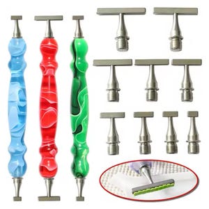 May include: Set of 10 diamond painting tools with interchangeable tips. The tools have a variety of shapes and sizes, including square, round, and pointed tips. The tools are made of metal and have a comfortable grip. The tools are perfect for creating intricate designs in diamond painting.