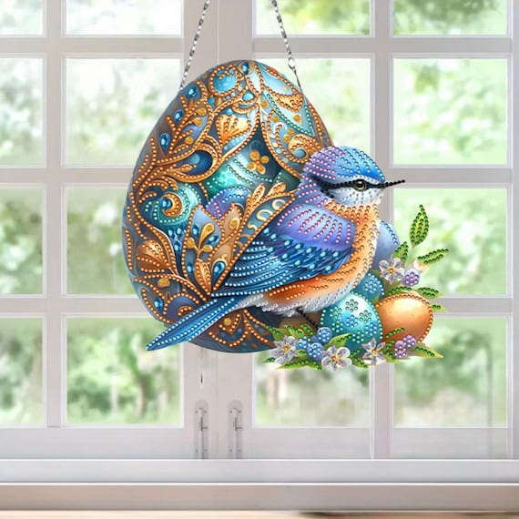 DIY 青い鳥と装飾卵のサンキャッチャー - 片面ダイヤモンドアート