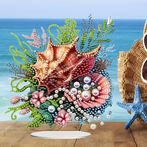 May include: A vibrant, artistic depiction of a seashell arrangement. The image features a large, intricately detailed seashell in shades of brown and red, surrounded by pearls, coral, and other seashells. A blue starfish and a woven bag are also visible.