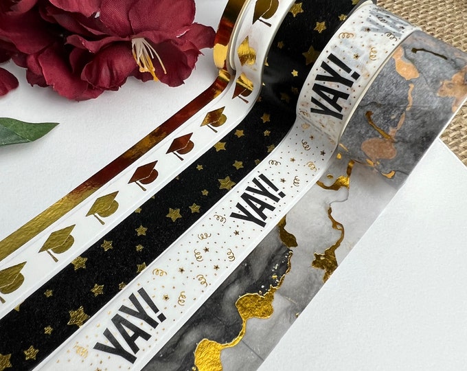 Washi Roll Sale Graduation Tape, 5 Roll Set, Black and Gold Foil, Washi Tape Etsy