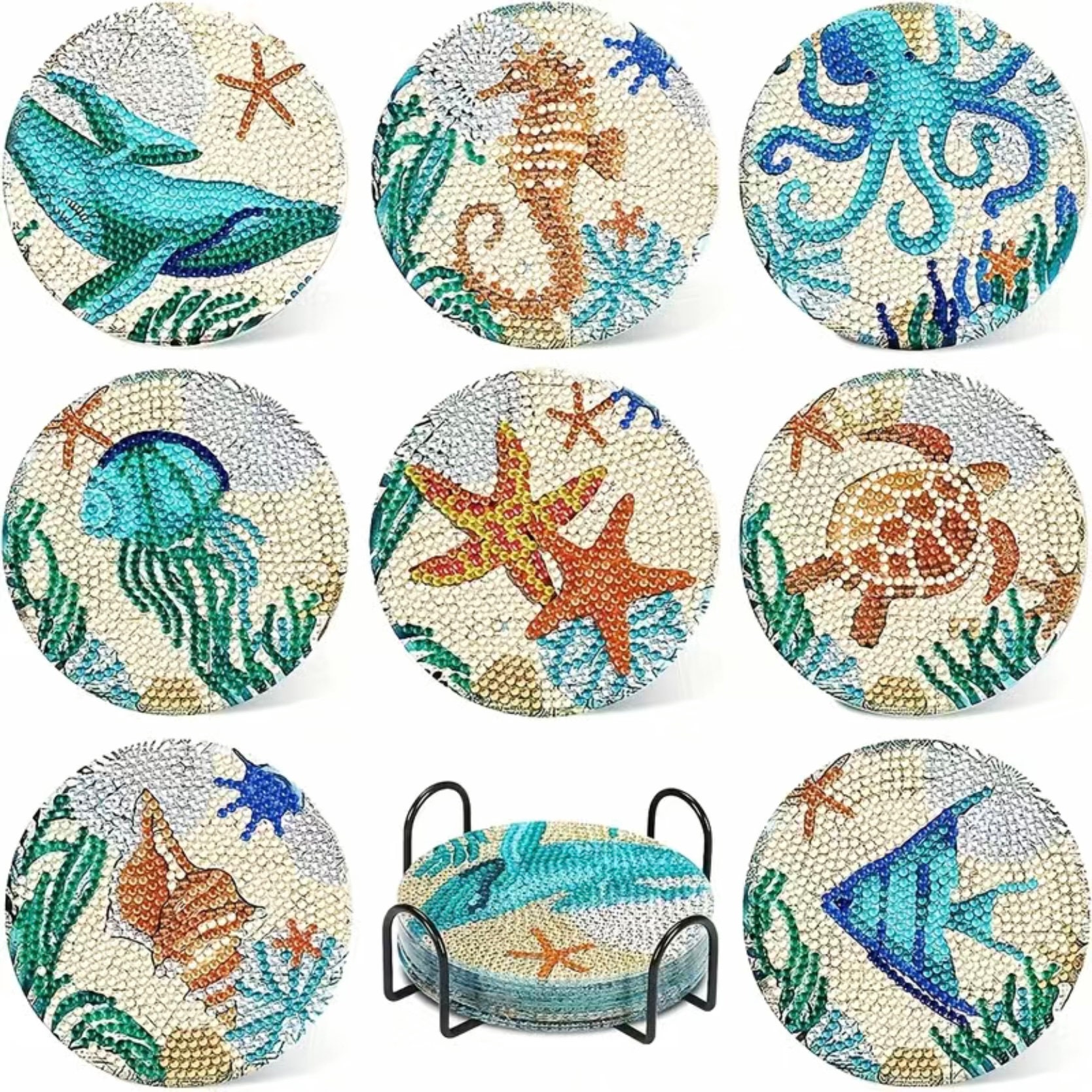 8 Pcs Cocktail Diamond Art Painting Coasters Kit with Holder for Adults, DIY Summer Diamond Dotz Coasters Non-Slip Coaster for Women, Beginners
