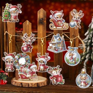 Set von 12 Doppelseitigen Junge Rentier Weihnachts Ornamente - DIY 5D Diamant Malerei Kit mit Werkzeugen und Strasssteinen