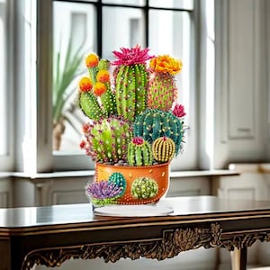 Kit de peinture diamant cactus en fleurs - Décoration de table à faire soi-même avec strass et outils, ornement acrylique simple face.