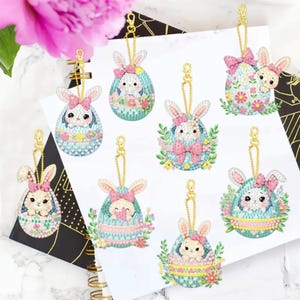 Huevos de Pascua con conejitos: kit de pintura de diamantes DIY, 8 adornos de doble cara, incluye diamantes de imitación y herramientas.