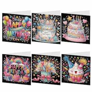 Kit de peinture au diamant pour fête d'anniversaire - Cartes noires avec gâteaux colorés et confettis - Outils et strass inclus